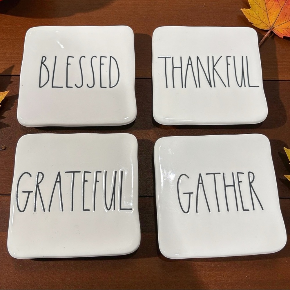 NWT RAE DUNN Ceramic THANKFUL Coasters White Cork Backing Celebrate Set of 4